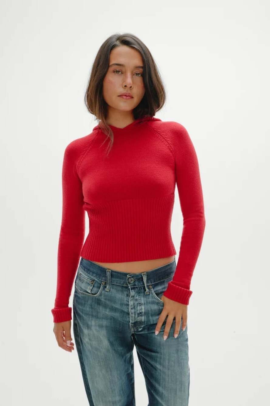 FRANKIES BIKINI Hazel Size M Red Knit Hoodie Streetwear Loungewear Stretchy Bold